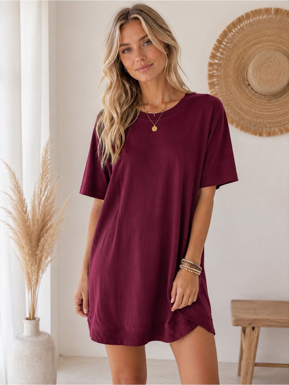 Casual Oversized Sweatshirt Dress in Burgundy with side zippers